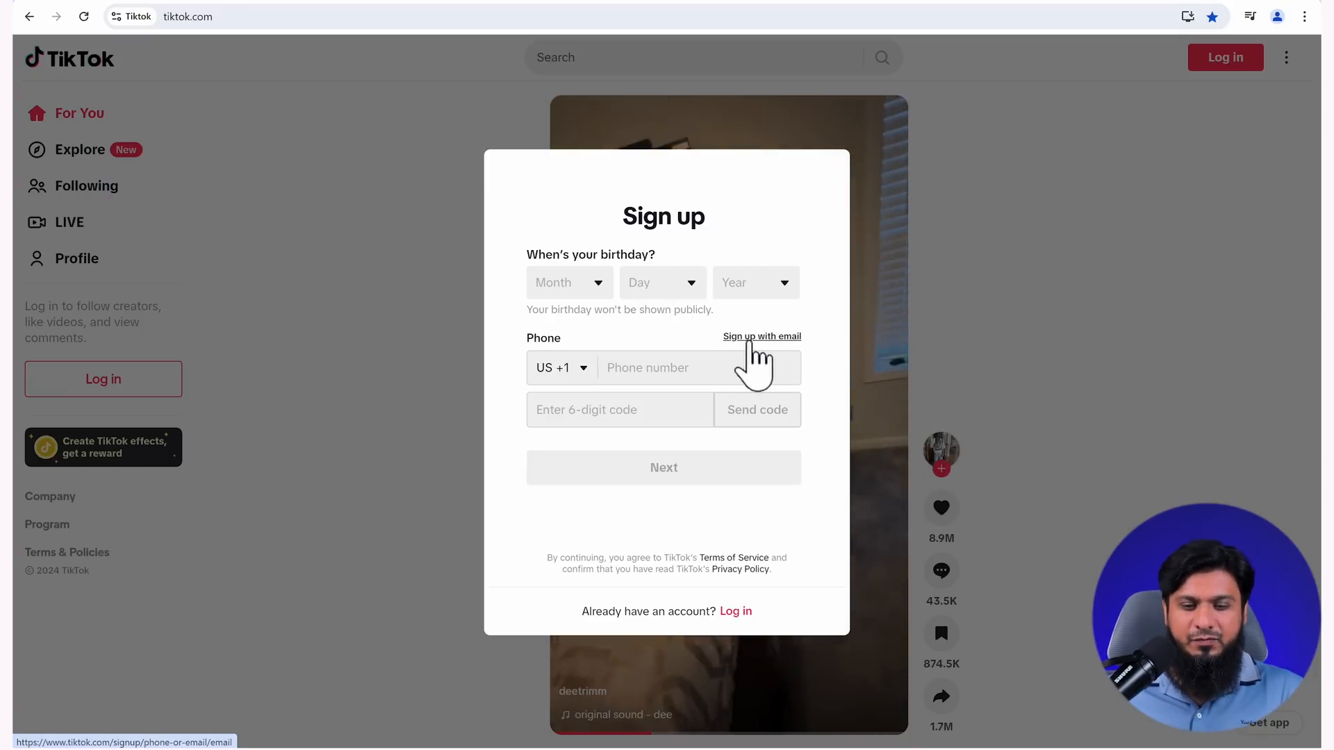 Signing up for TikTok